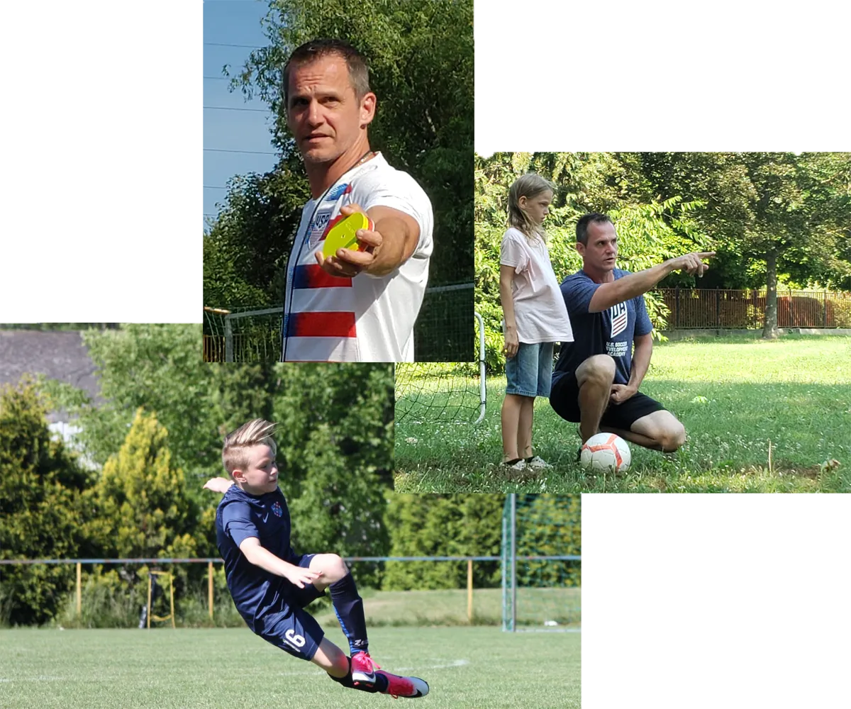 Three pictures of deferent moments are connecting coaching moments and life learning outcomes into one big picture, 
     one is about the coach explaining something at the training, another one is a coach guiding a child in the training session, and the last one is a kid executing a side-scissor-kick at the soccer game.